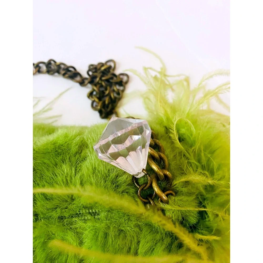 Olive Green Feather-Trim Fur Clutch with Chain Strap